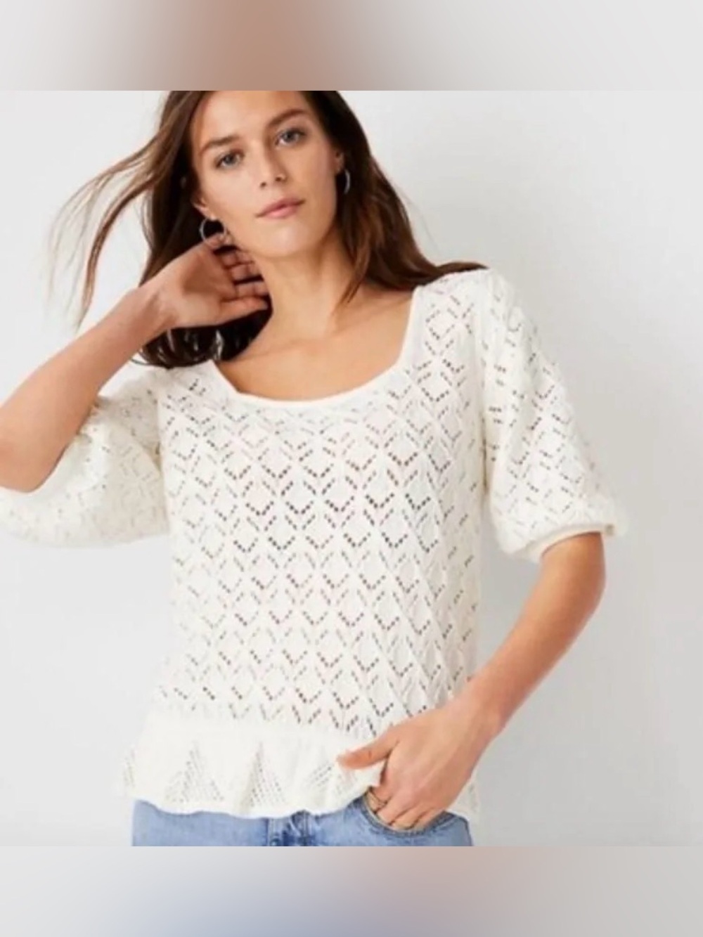 Ann Taylor Pointelle Crochet Square Neck Sweater Top XXL